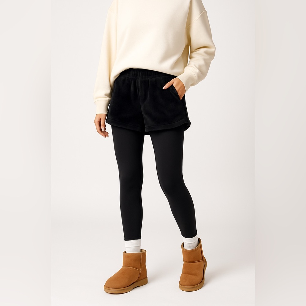 Black Fleece Lined 2-in-1 Running Shorts Leggings L winter athleisure clean girl